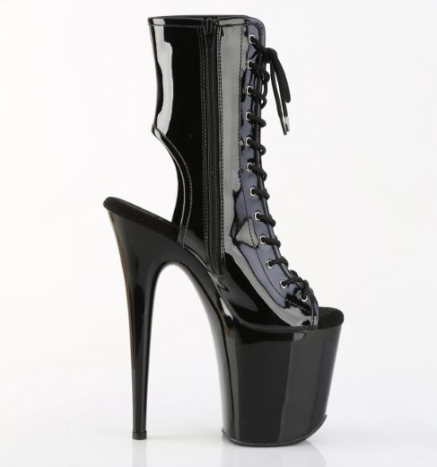 Product image of Pleaser FLAMINGO-1016 Blk Pat/Blk 8 Inch Heel 4 Inch PF Open Toe/Heel Lace-Up Ankle Boot Side Zip