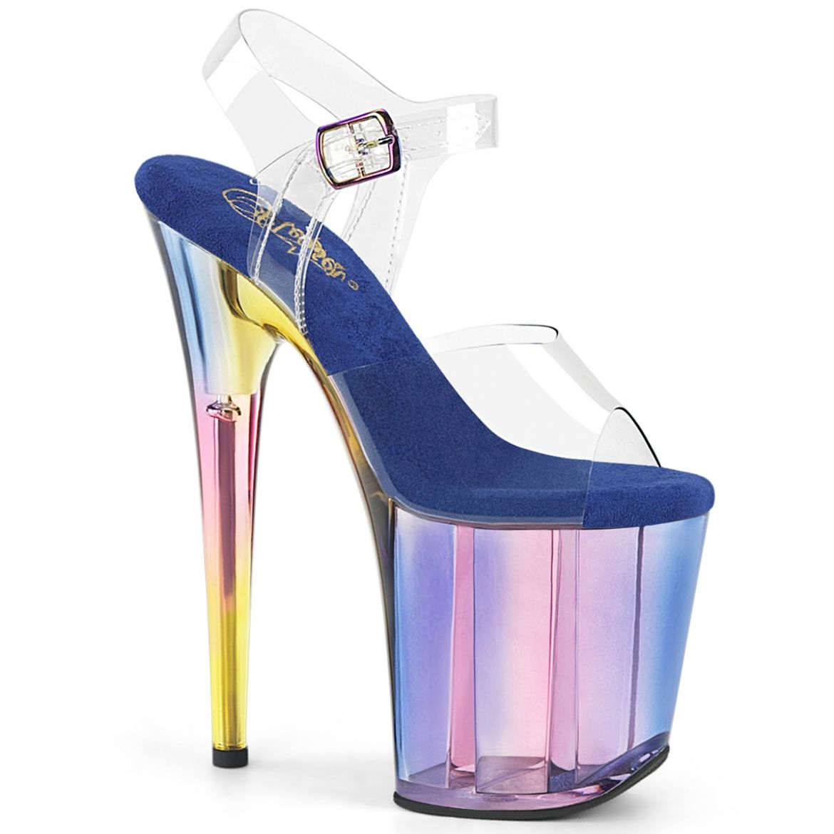 Product image of Pleaser FLAMINGO-808HT Clr/Blue Multi Tinted 8 Inch Heel 4 Inch Tinted PF Ankle Strap Sandal