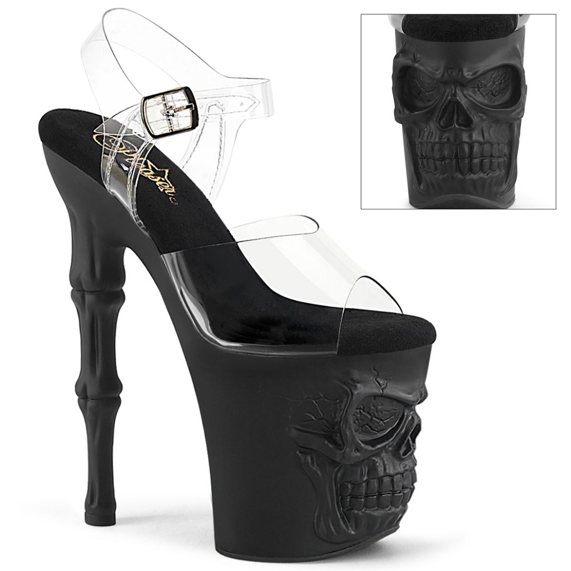 Product image of Pleaser RAPTURE-808 Clr/Blk Matte 8 Inch Finger Bone Heel 4 Inch Skull PF Ankle Strap Sandal