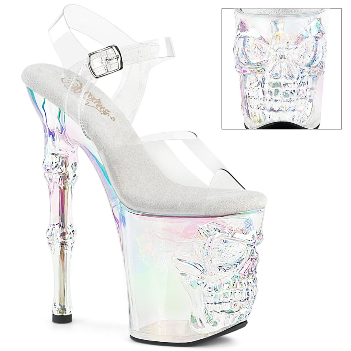 Product image of Pleaser RAPTURE-808HT Clr/Holo Tinted 8 Inch Finger Bone Heel 4 Inch Tinted Skull PF Ankle Strap Sandal