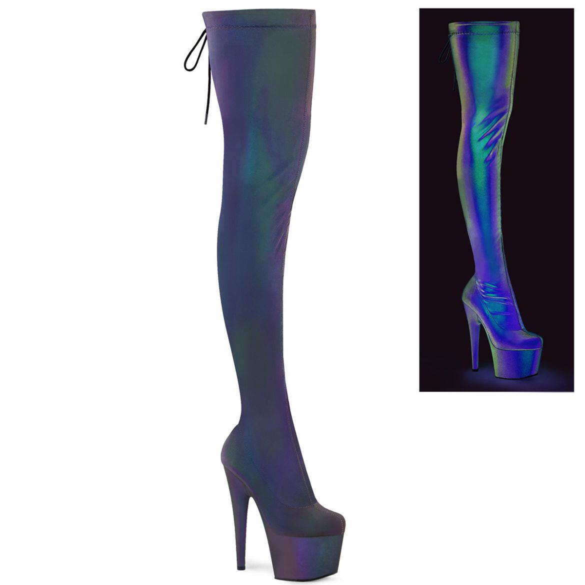 Product image of Pleaser ADORE-3008REFL Stretch Green-Purple Refllective/M 7 Inch Heel 2 3/4 Inch PF Stretch Pull-On Thigh High Boot