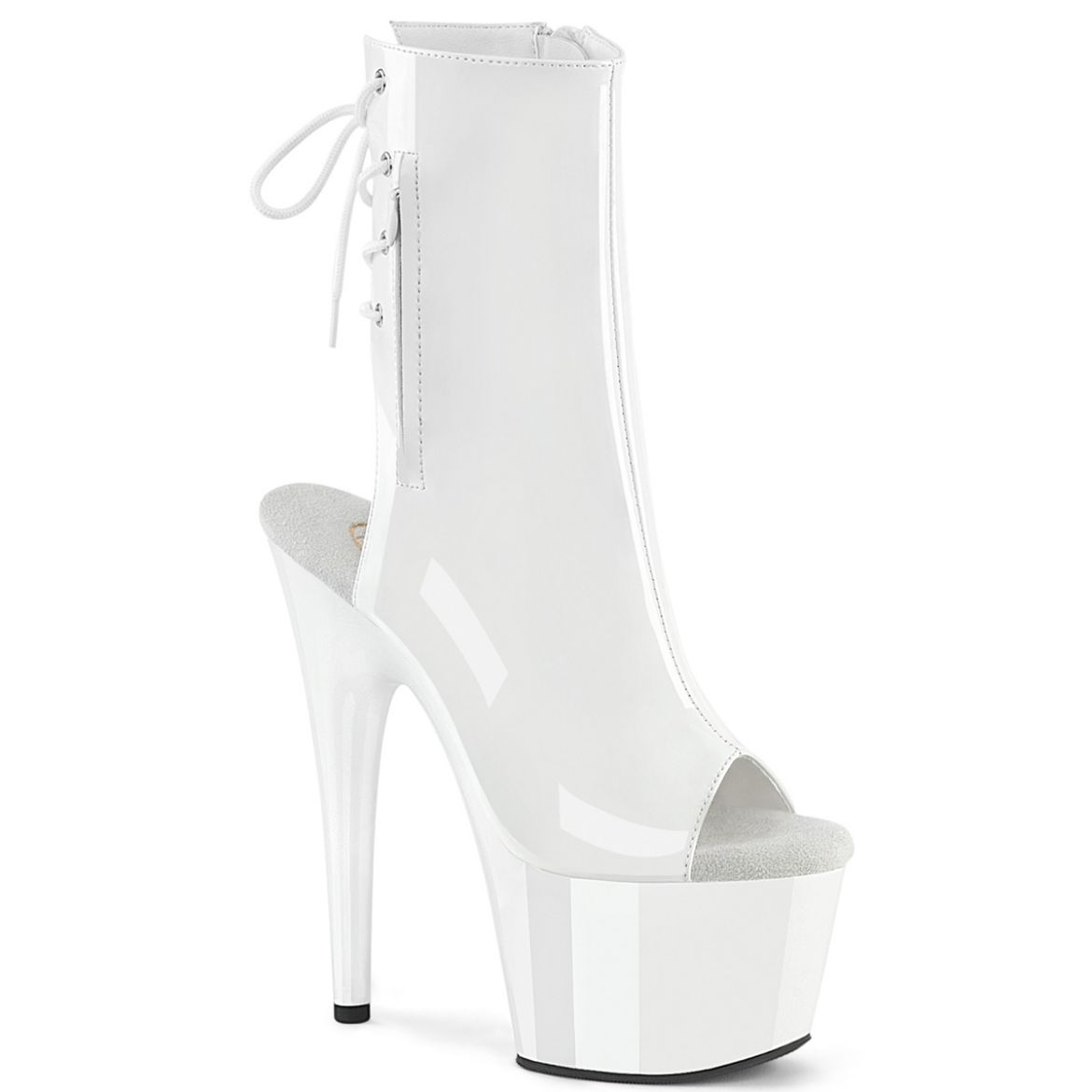 Product image of Pleaser ADORE-1018 Wht Pat/Wht 7 Inch Heel 2 3/4 Inch PF Open Toe/Heel Ankle Boot Side Zip