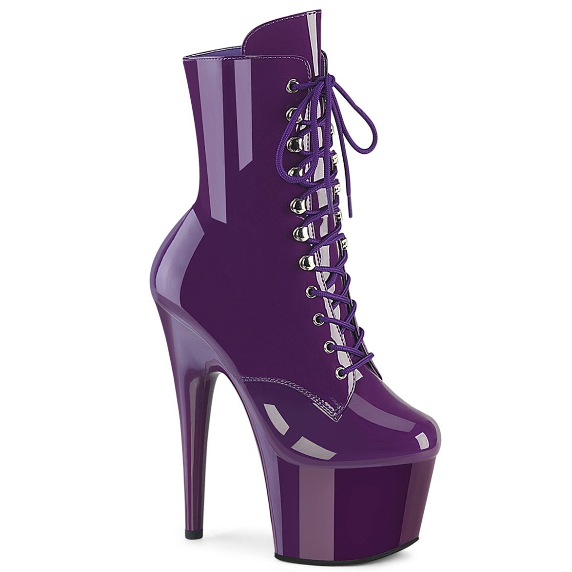 Product image of Pleaser ADORE-1020 Purple Pat/Purple 7 Inch Heel 2 3/4 Inch PF Lace-Up Front Ankle Boot Side Zip