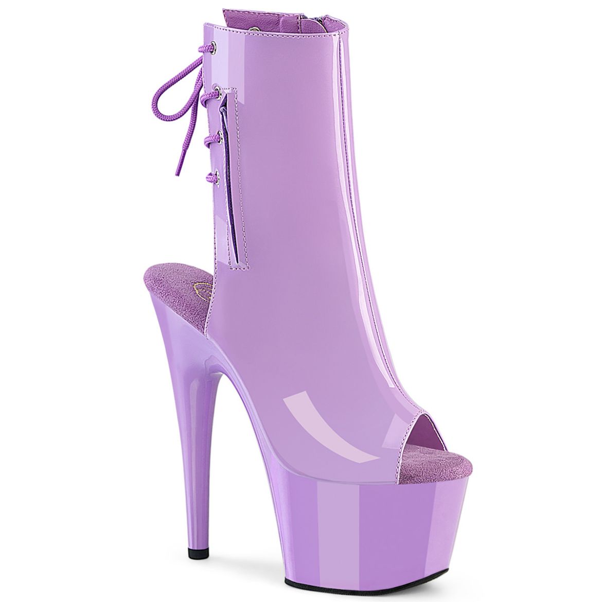 Product image of Pleaser ADORE-1018 Lavender Pat/Lavender 7 Inch Heel 2 3/4 Inch PF Open Toe/Heel Ankle Boot Side Zip