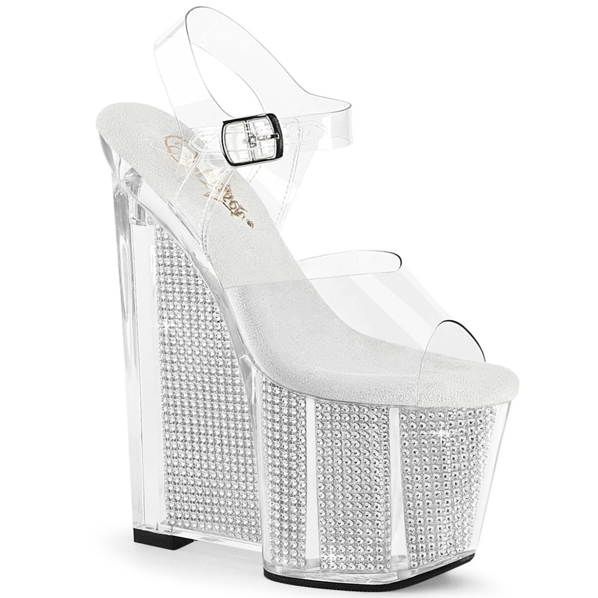 Product image of Pleaser AMAZE-808SRS Clr/Slv RS 8 Inch Wedge Heel 3 1/2 Inch PF Ankle Strap Sandal w/Simulated RS