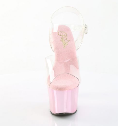 Product image of Pleaser SKY-308CHRS Clr/B. Pink Chrome-AB RS 7 Inch Heel 2 3/4 Inch PF Ankle Strap Sandal