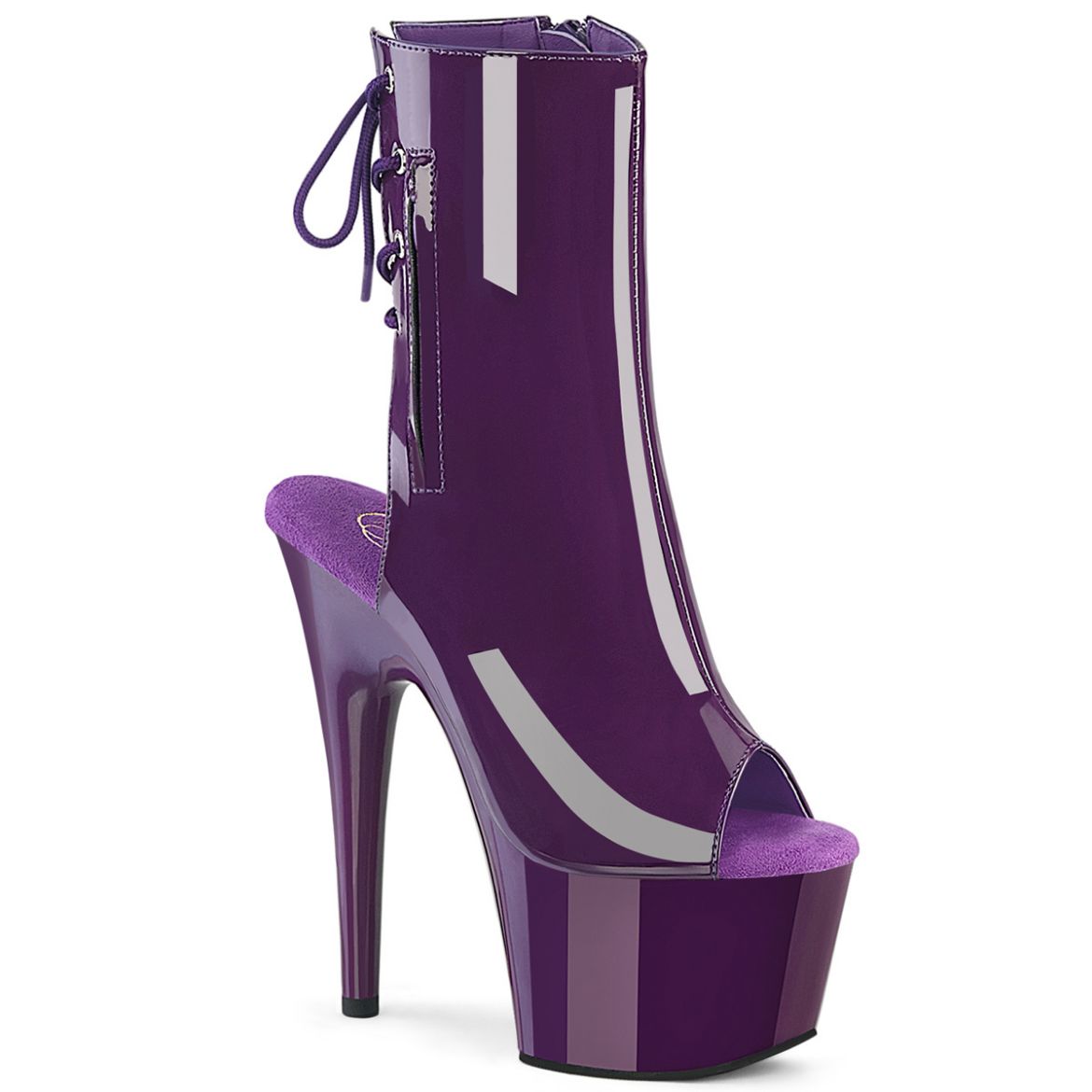 Product image of Pleaser ADORE-1018 Purple Pat/Purple 7 Inch Heel 2 3/4 Inch PF Open Toe/Heel Ankle Boot Side Zip