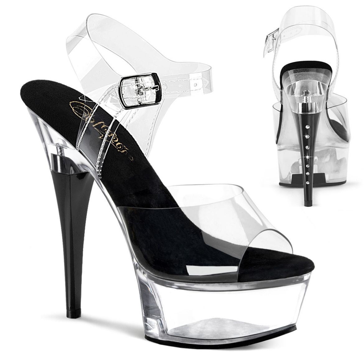 Product image of Pleaser CAPTIVA-608 Clr-Blk/Clr 6 Inch Heel 1 3/4 Inch PF Ankle Strap Sandal w/ RS on Heel