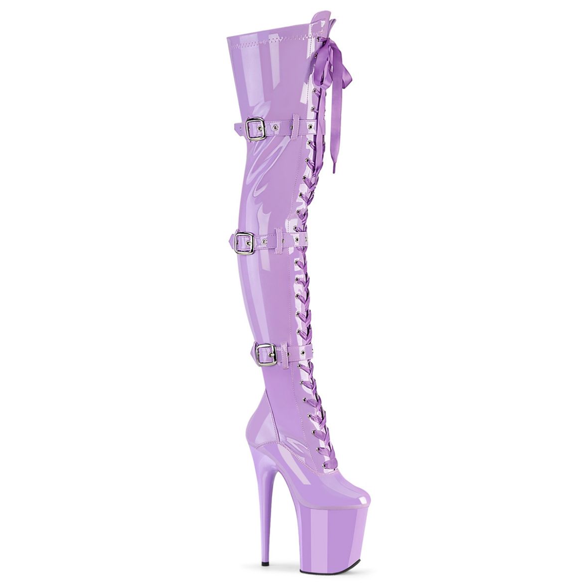 Product image of Pleaser FLAMINGO-3028 Lavender Str. Pat/Lavender 8 Inch Heel 4 Inch PF Lace-Up Front Thigh Boot Side Zip