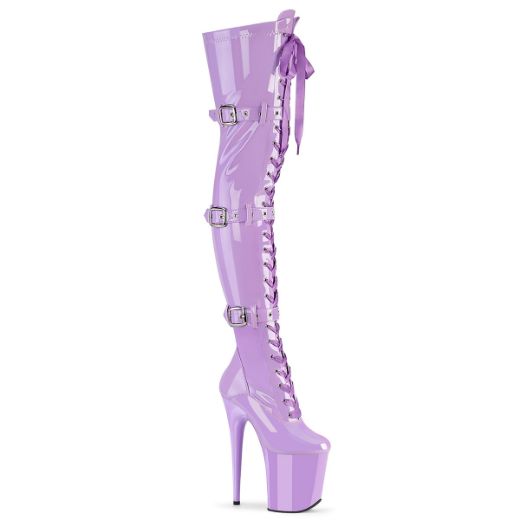 Product image of Pleaser FLAMINGO-3028 Lavender Str. Pat/Lavender 8 Inch Heel 4 Inch PF Lace-Up Front Thigh Boot Side Zip