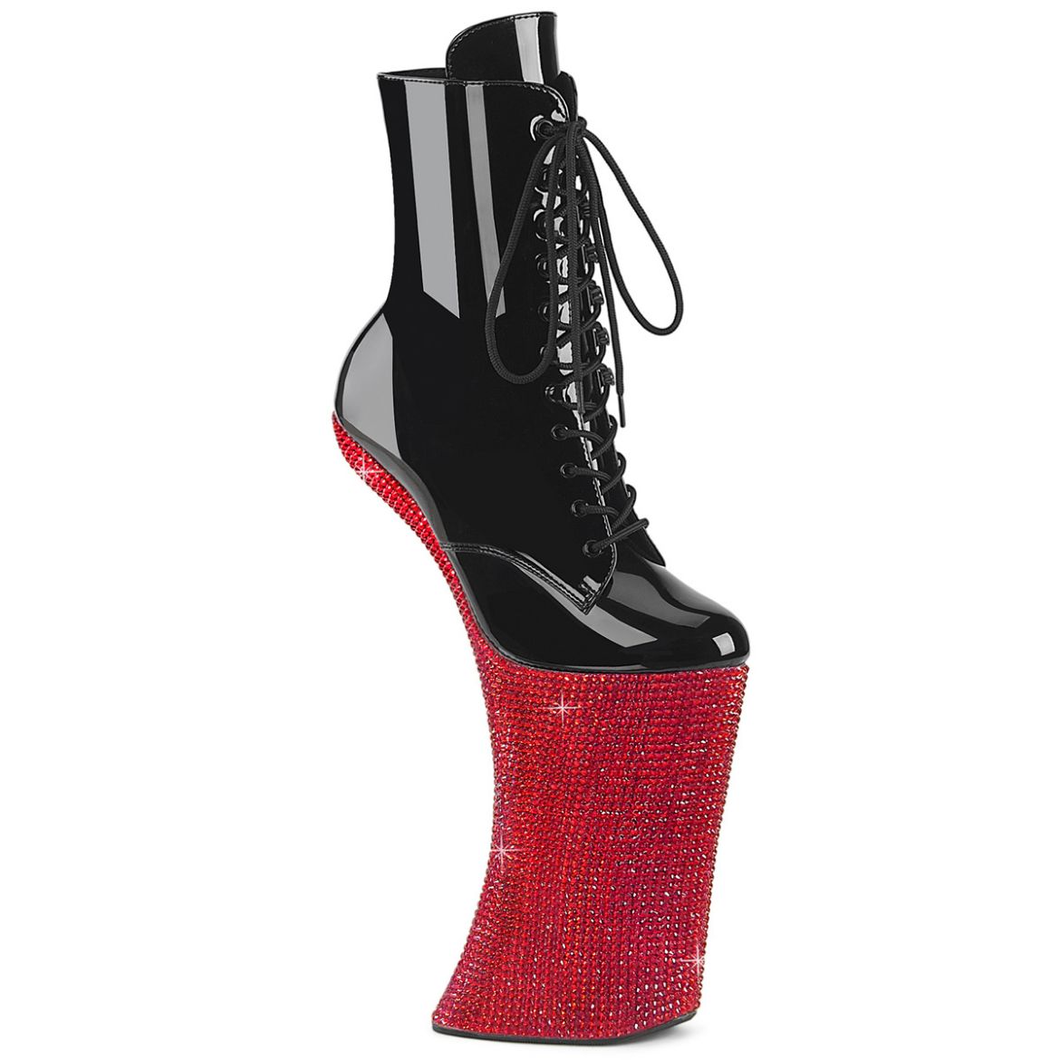 Product image of Pleaser FORBIDDEN-1020BEJ Blk Pat/Red RS 11 Inch Heelless 6 1/4 Inch PF Lace-Up Ankle Boot w/RS Side Zip