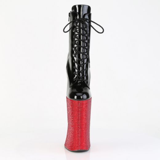 Product image of Pleaser FORBIDDEN-1020BEJ Blk Pat/Red RS 11 Inch Heelless 6 1/4 Inch PF Lace-Up Ankle Boot w/RS Side Zip