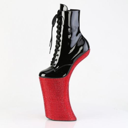 Product image of Pleaser FORBIDDEN-1020BEJ Blk Pat/Red RS 11 Inch Heelless 6 1/4 Inch PF Lace-Up Ankle Boot w/RS Side Zip