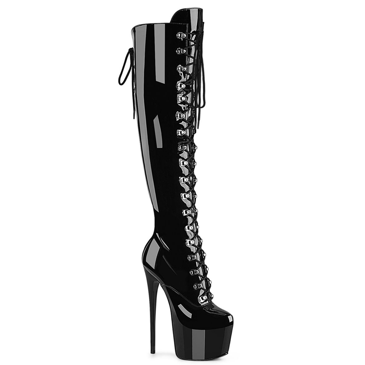 Product image of Pleaser JUBILANT-3012 Blk Str. Pat 7 Inch Heel 3 Inch Concealed PF Over-The-Knee Boot Side Zip