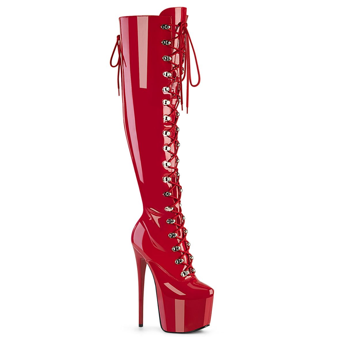 Product image of Pleaser JUBILANT-3012 Red Str. Pat 7 Inch Heel 3 Inch Concealed PF Over-The-Knee Boot Side Zip