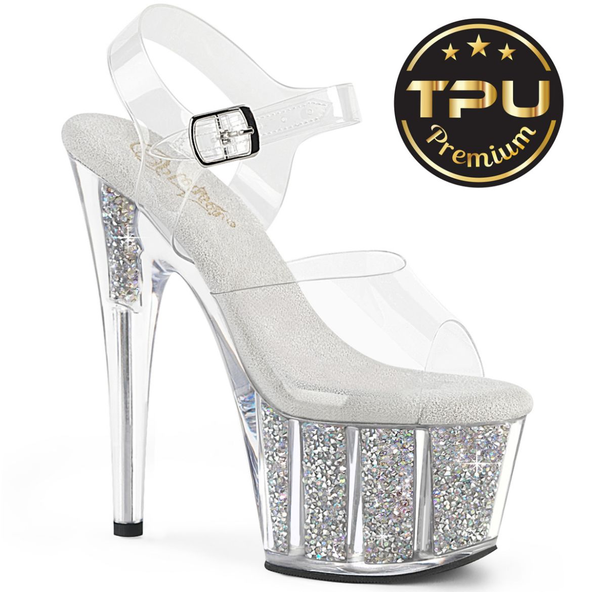 Product image of Pleaser ADORE-708PREM-RSI Clr/Clr-Slv AB RS 7 Inch Heel 2 3/4 Inch PF Ankle Strap Sandal w/RS Inserts