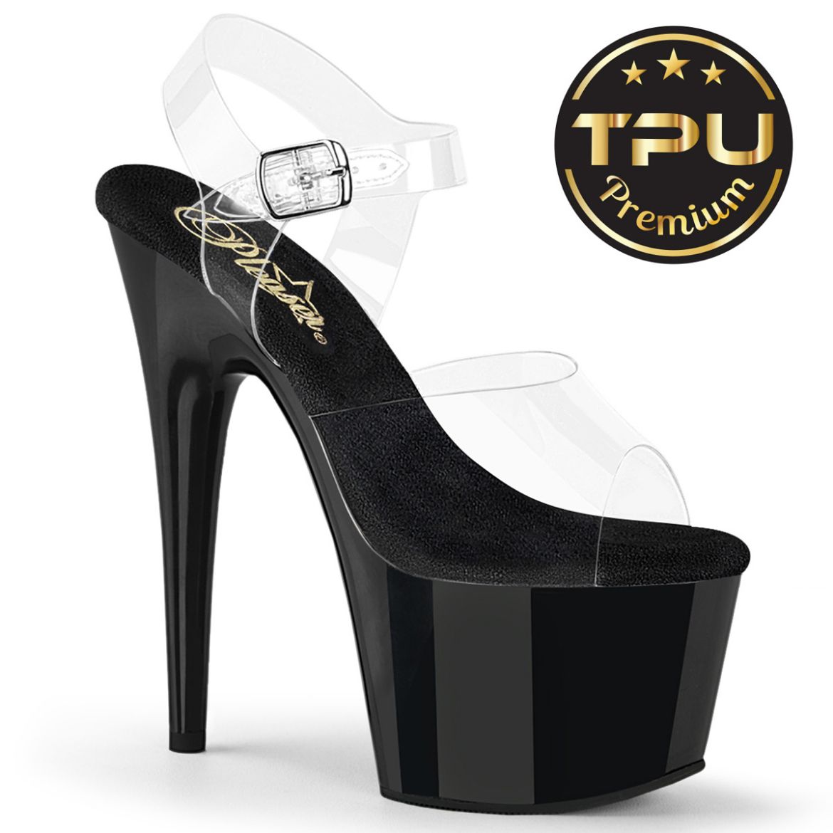 Product image of Pleaser ADORE-708PREM Clr TPU/Blk 7 Inch Heel 2 3/4 Inch PF Ankle Strap Sandal