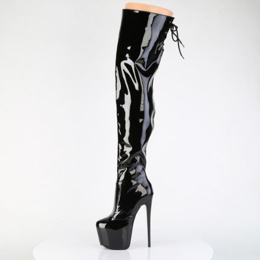 Product image of Pleaser JUBILANT-3007 Blk Str. Pat 7 Inch Heel 3 Inch Concealed PF Stretch Thigh Boot Side Zip