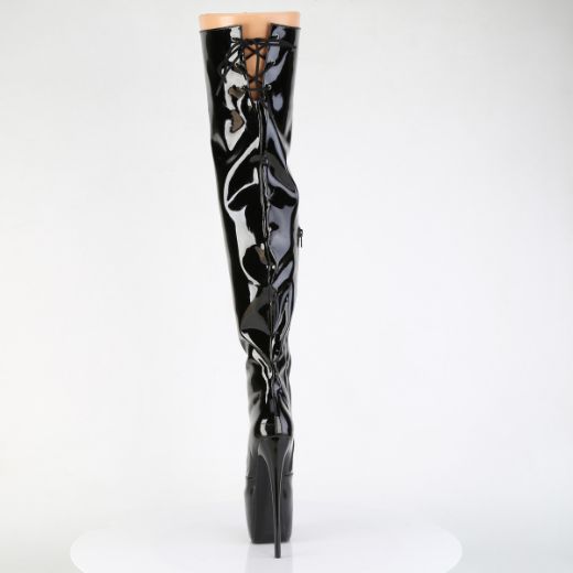 Product image of Pleaser JUBILANT-3007 Blk Str. Pat 7 Inch Heel 3 Inch Concealed PF Stretch Thigh Boot Side Zip