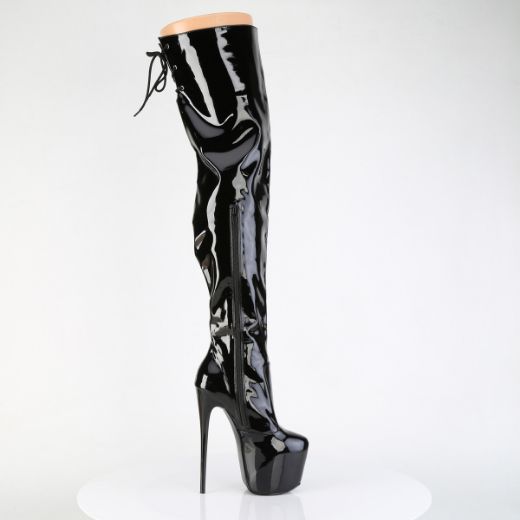 Product image of Pleaser JUBILANT-3007 Blk Str. Pat 7 Inch Heel 3 Inch Concealed PF Stretch Thigh Boot Side Zip