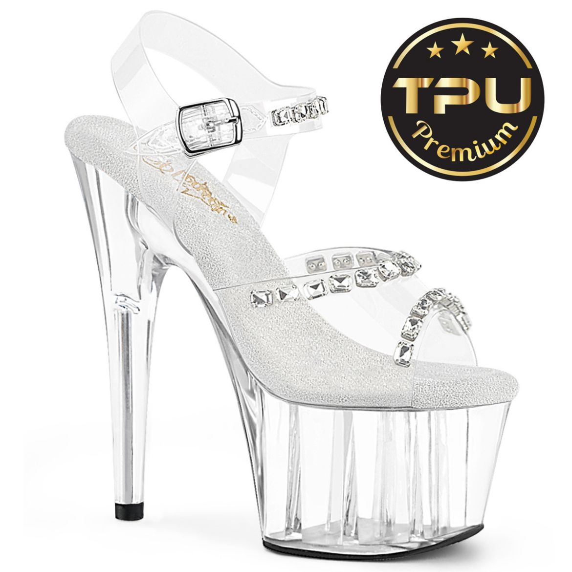 Product image of Pleaser ADORE-708PREM-STN Clr TPU/Clr 7 Inch Heel 2 3/4 Inch PF Ankle Strap Sandal w/Stones