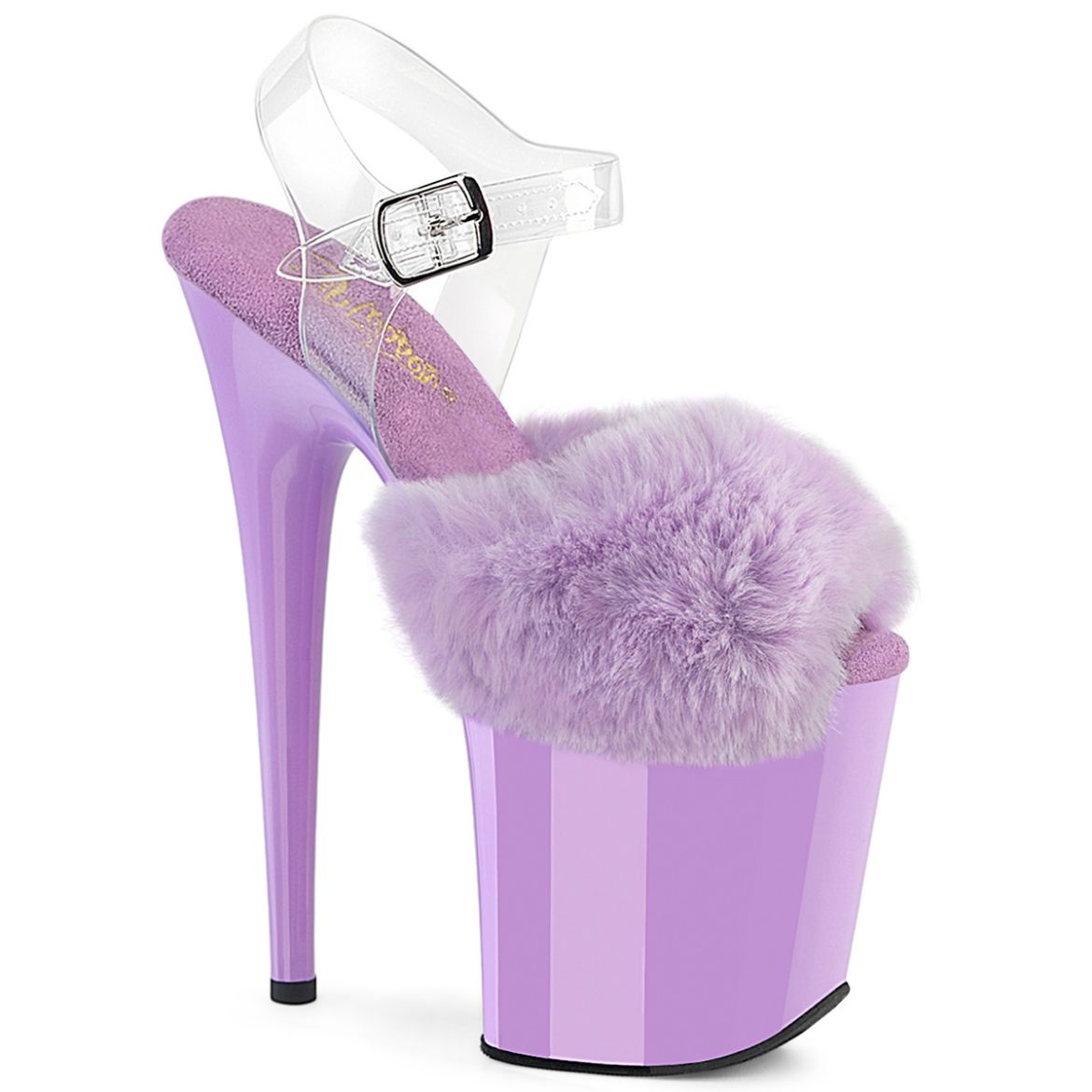 Product image of Pleaser FLAMINGO-808FUR Lavender Faux Fur-Clr TPU/Lavender 8 Inch Heel 4 Inch PF Ankle Strap Sandal w/ Fur Upper