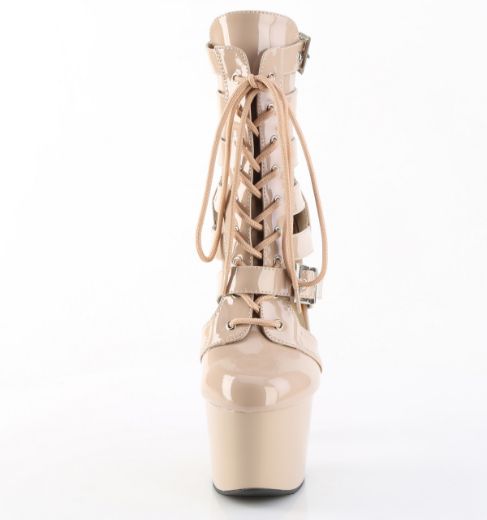 Product image of Pleaser ADORE-1013MST Nude Pat/Nude 7 Inch Heel 2 3/4 Inch PF Strappy Lace-Up Cage Bootie Back Zip