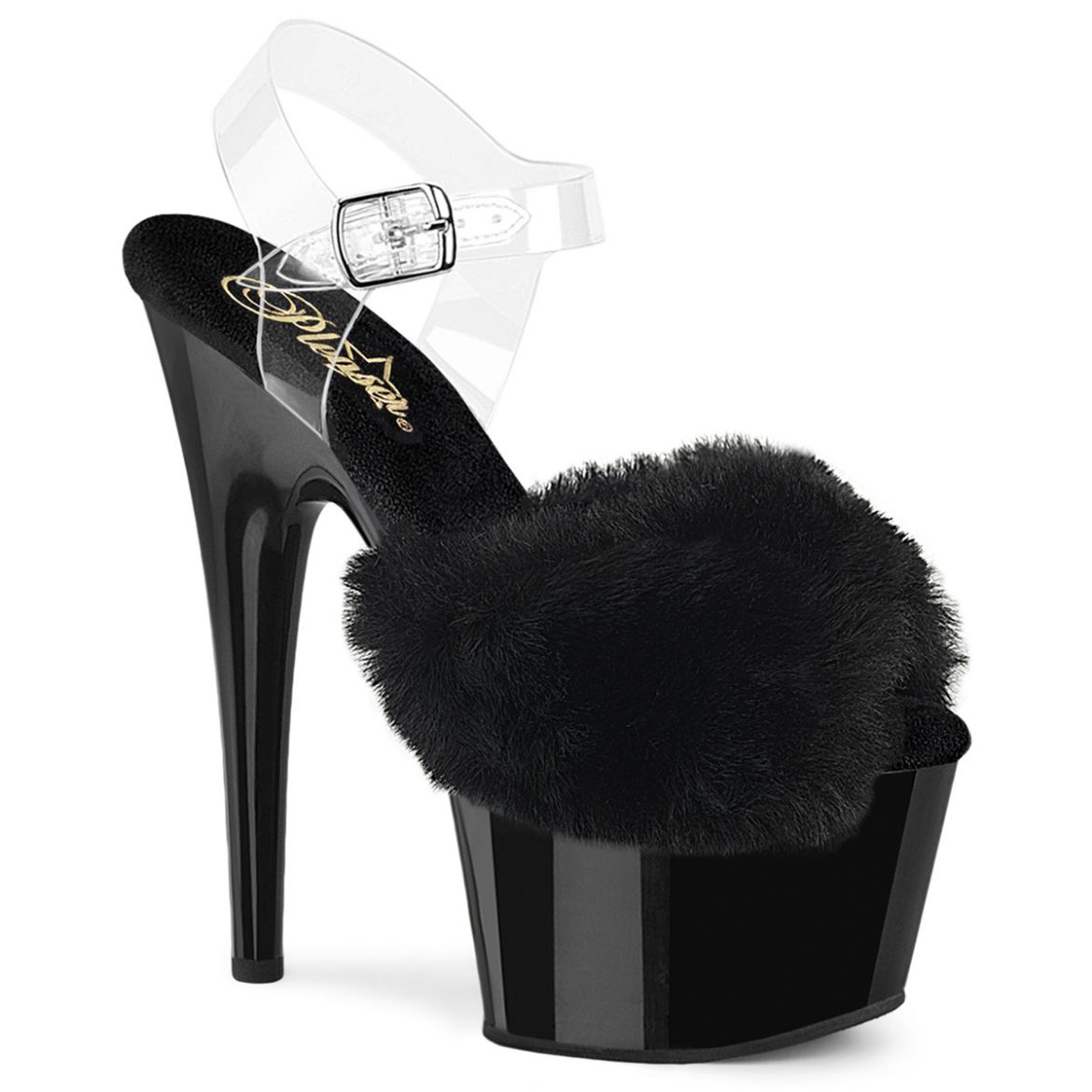 Product image of Pleaser ADORE-708FUR Blk Faux Fur-Clr TPU/Blk 7 Inch Heel 2 3/4 Inch PF Ankle Strap Sandal w/ Fur Upper