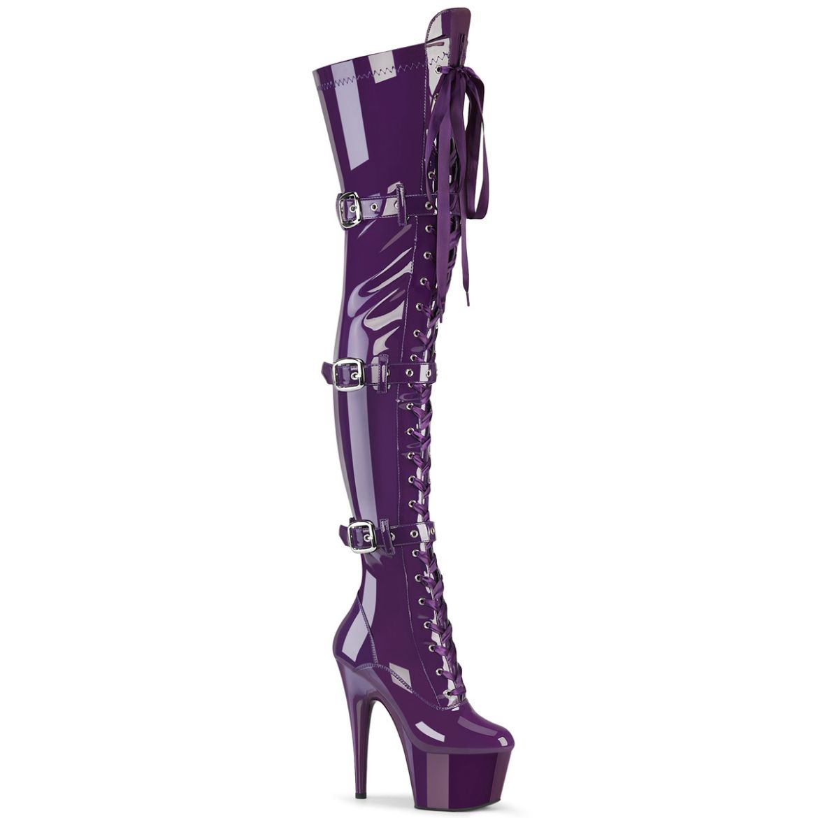 Product image of Pleaser ADORE-3028 Purple Str. Pat/Purple 7 Inch Heel 2 3/4 Inch PF Lace-Up Front Thigh Boot Side Zip