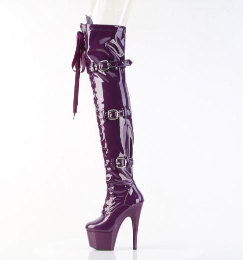 Product image of Pleaser ADORE-3028 Purple Str. Pat/Purple 7 Inch Heel 2 3/4 Inch PF Lace-Up Front Thigh Boot Side Zip