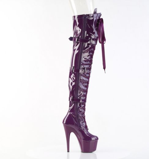 Product image of Pleaser ADORE-3028 Purple Str. Pat/Purple 7 Inch Heel 2 3/4 Inch PF Lace-Up Front Thigh Boot Side Zip