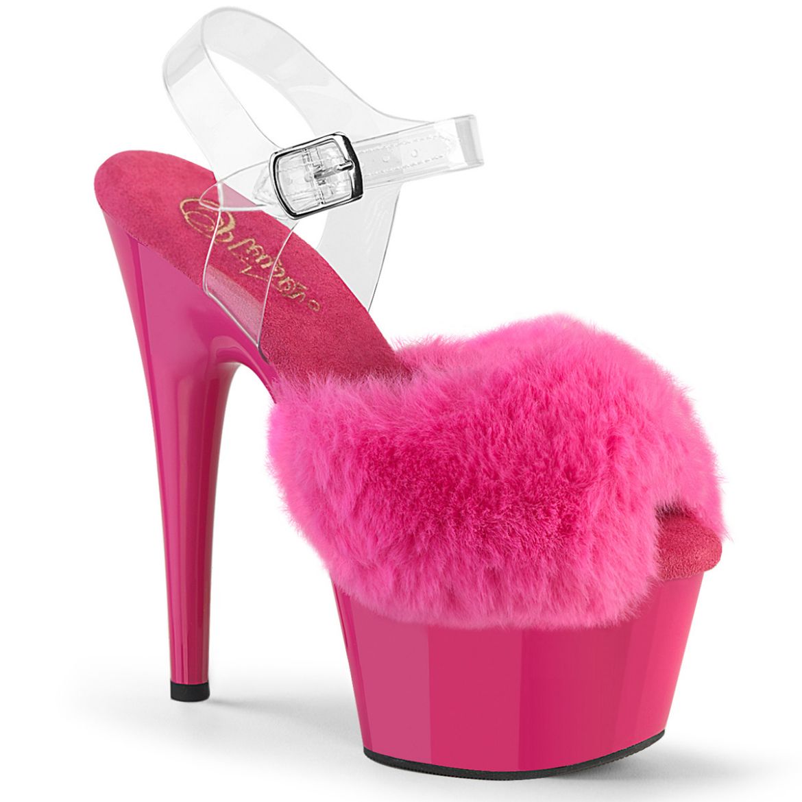 Product image of Pleaser ADORE-708FUR Fuchsia Faux Fur-Clr TPU/Fuchsia 7 Inch Heel 2 3/4 Inch PF Ankle Strap Sandal w/ Fur Upper