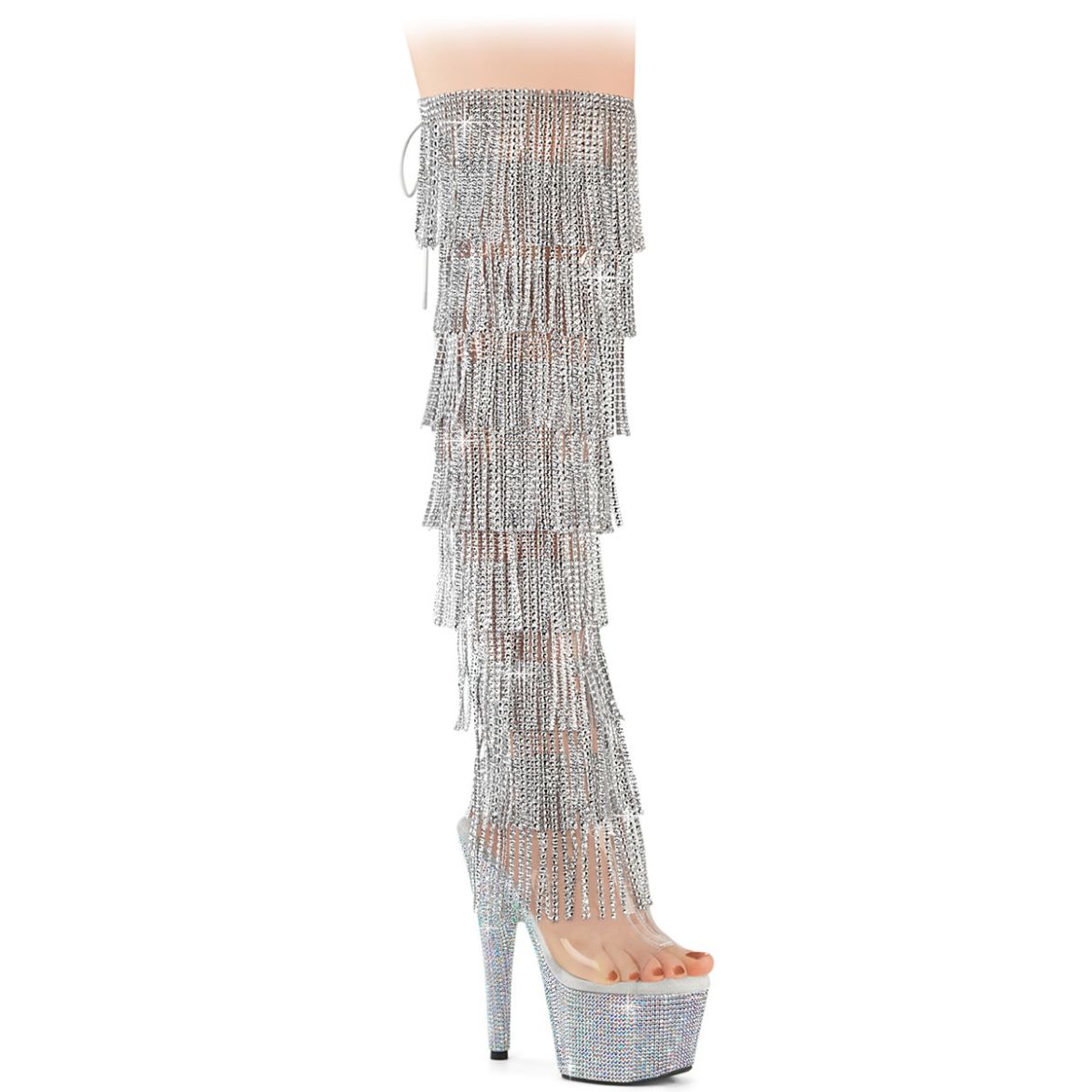 Product image of Pleaser BEJEWELED-3019C-RSF- Clr/Slv AB RS 7 Inch Heel 2 3/4 Inch PF 8-Layer Fringe Over-The-Knee Boot w/RS