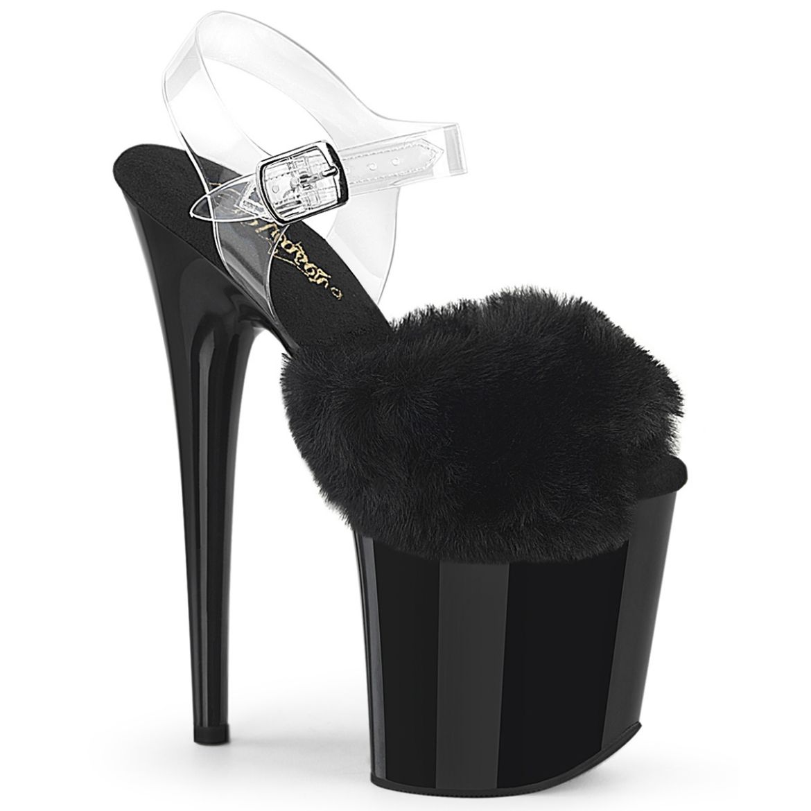 Product image of Pleaser FLAMINGO-808FUR Blk Faux Fur-Clr TPU/Blk 8 Inch Heel 4 Inch PF Ankle Strap Sandal w/ Fur Upper