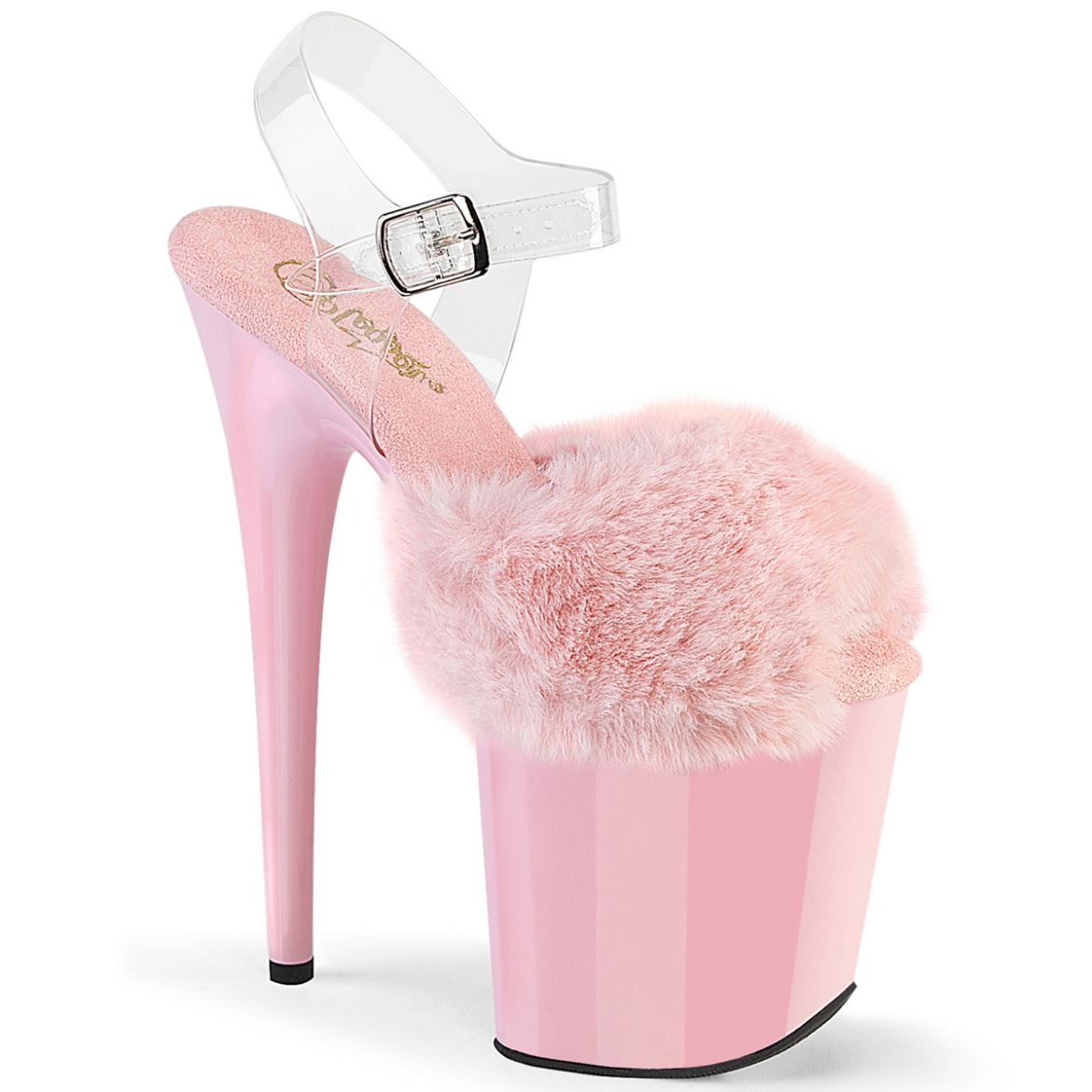 Product image of Pleaser FLAMINGO-808FUR B. Pink Faux Fur-Clr TPU/B. Pink 8 Inch Heel 4 Inch PF Ankle Strap Sandal w/ Fur Upper