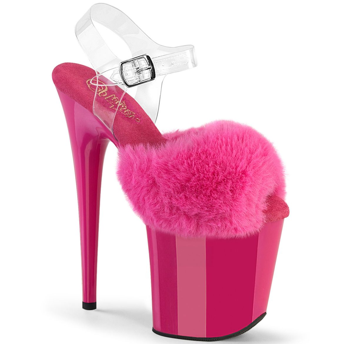 Product image of Pleaser FLAMINGO-808FUR Fuchsia Faux Fur-Clr TPU/Fuchsia 8 Inch Heel 4 Inch PF Ankle Strap Sandal w/ Fur Upper