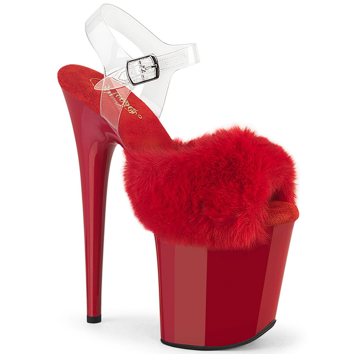 Product image of Pleaser FLAMINGO-808FUR Red Faux Fur-Clr TPU/Red 8 Inch Heel 4 Inch PF Ankle Strap Sandal w/ Fur Upper