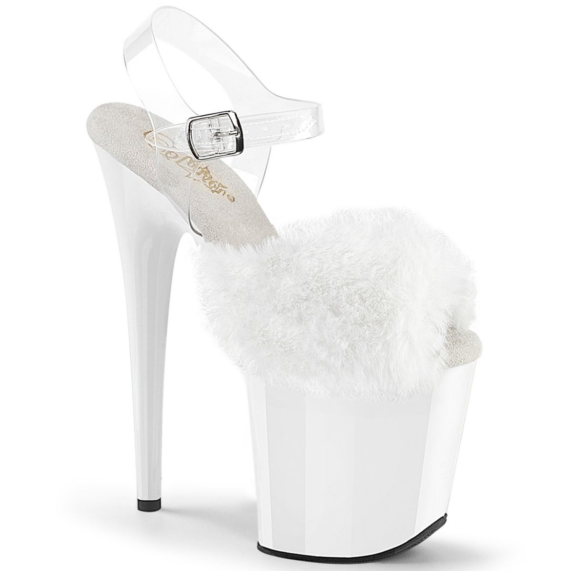 Product image of Pleaser FLAMINGO-808FUR Wht Faux Fur-Clr TPU/Wht 8 Inch Heel 4 Inch PF Ankle Strap Sandal w/ Fur Upper