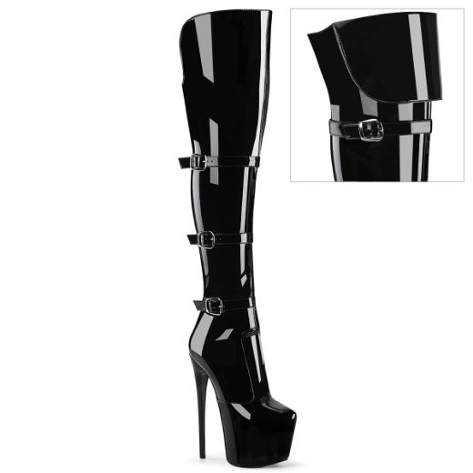 Product image of Pleaser JUBILANT-3018 Blk Str. Pat 7 Inch Heel 3 Inch PF Triple Buckle Strap OTK Boot Side