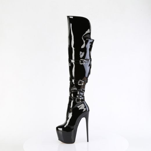 Product image of Pleaser JUBILANT-3018 Blk Str. Pat 7 Inch Heel 3 Inch PF Triple Buckle Strap OTK Boot Side