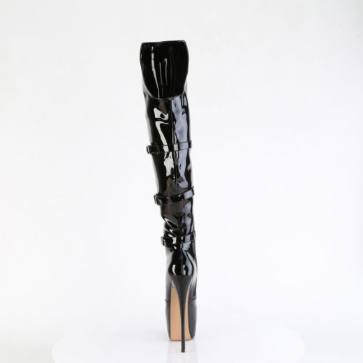 Product image of Pleaser JUBILANT-3018 Blk Str. Pat 7 Inch Heel 3 Inch PF Triple Buckle Strap OTK Boot Side