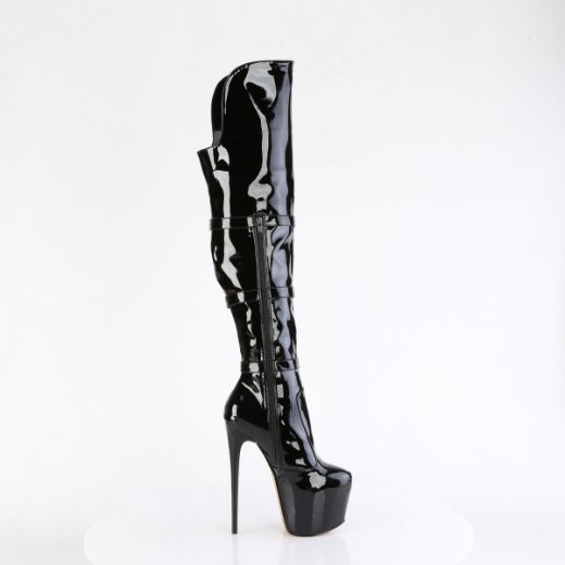 Product image of Pleaser JUBILANT-3018 Blk Str. Pat 7 Inch Heel 3 Inch PF Triple Buckle Strap OTK Boot Side