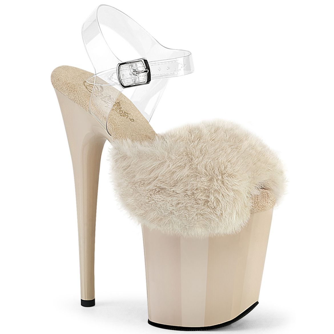 Product image of Pleaser FLAMINGO-808FUR Cream Faux Fur-Clr TPU/Cream 8 Inch Heel 4 Inch PF Ankle Strap Sandal w/ Fur Upper