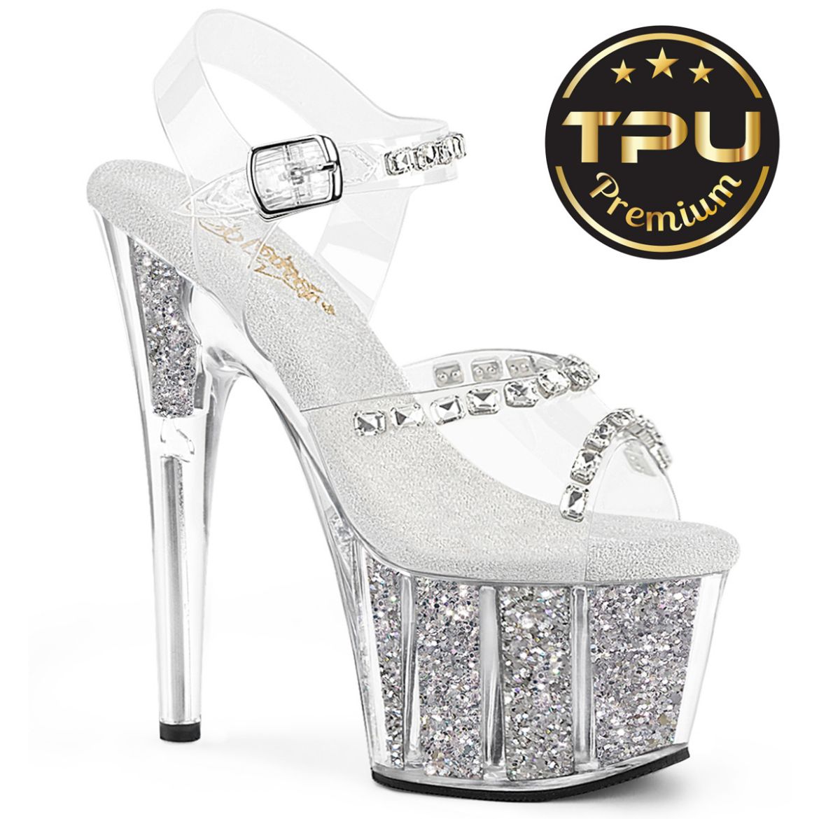 Product image of Pleaser ADORE-708PREM-STNG Clr TPU/Slv Glitter Ins 7 Inch Heel 2 3/4 Inch PF Ankle Strap Sandal w/Glitter Inserts