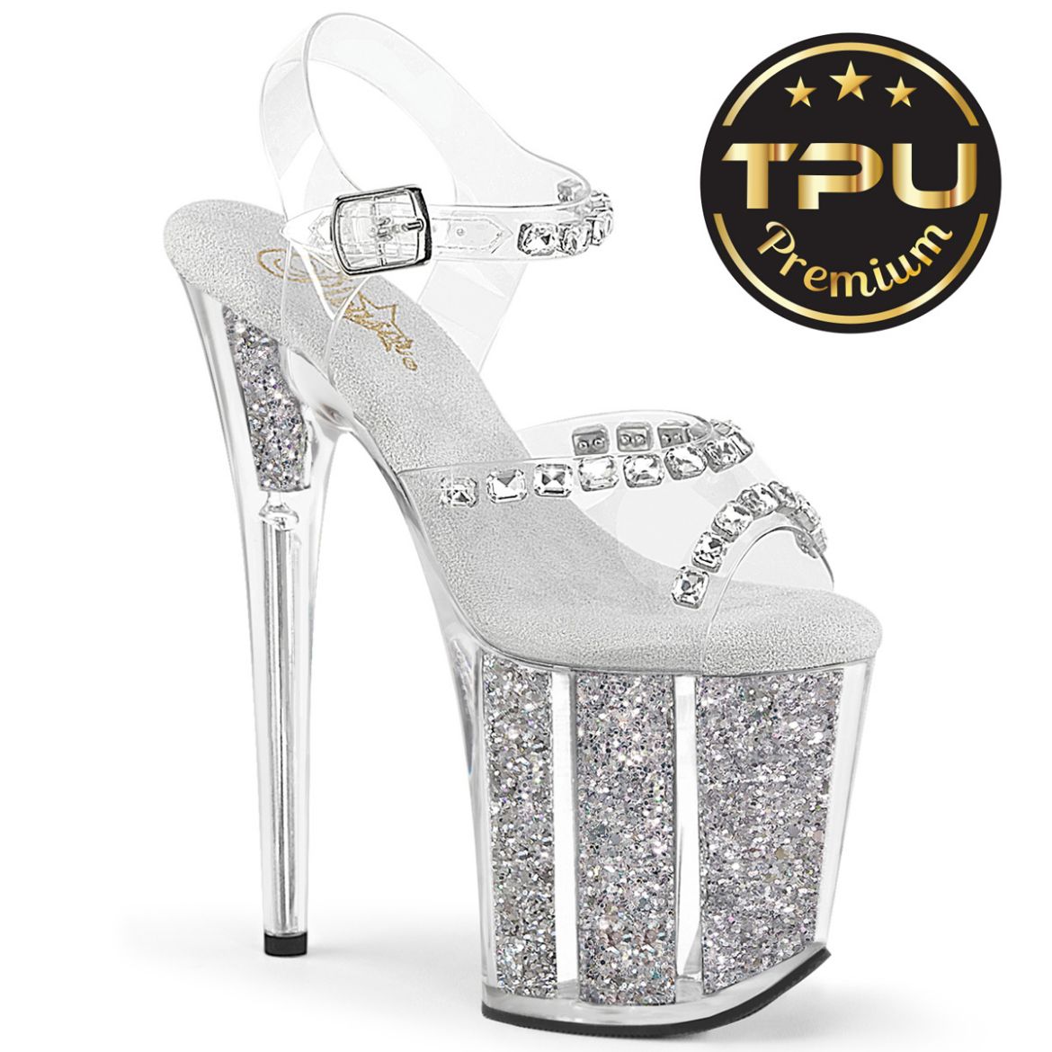 Product image of Pleaser FLAMINGO-808PREM-STN Clr TPU/Slv Glitter Ins 8 Inch Heel 4 Inch PF Ankle Strap Sandal w/Glitter Inserts