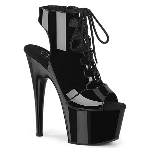 Product image of Pleaser ADORE-700-20 Blk Pat/Blk 7 Inch Heel 2 3/4 Inch PF Open Toe/Back Lace-Up Front Ankle Bootie