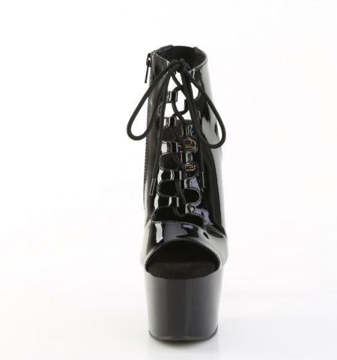 Product image of Pleaser ADORE-700-20 Blk Pat/Blk 7 Inch Heel 2 3/4 Inch PF Open Toe/Back Lace-Up Front Ankle Bootie