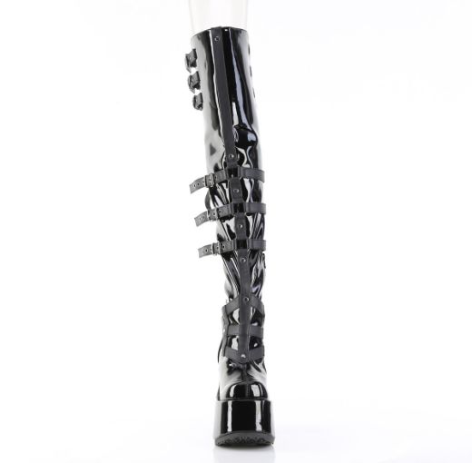 Product image of Demoniacult CAMEL-308 Blk Patent 5 Inch Chunky Heel 3 Inch PF Back Lace Thigh-High Boot Inside Zip