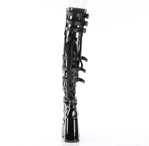 Product image of Demoniacult CAMEL-308 Blk Patent 5 Inch Chunky Heel 3 Inch PF Back Lace Thigh-High Boot Inside Zip