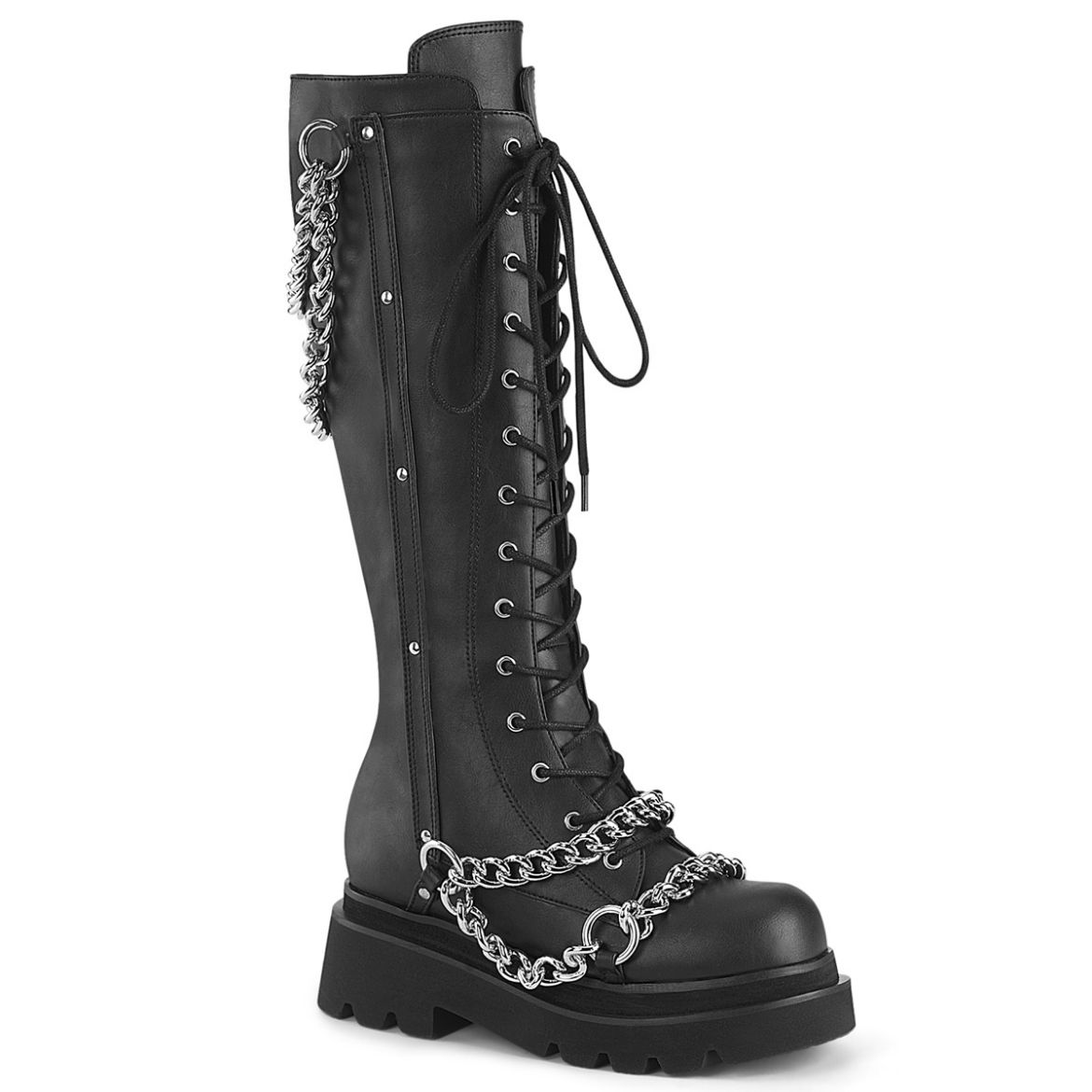 Product image of Demoniacult RENEGADE-215-1 Blk Vegan Leather **2 1/2 Inch Tiered PF Lace-Up Knee High Boots Inside Zip